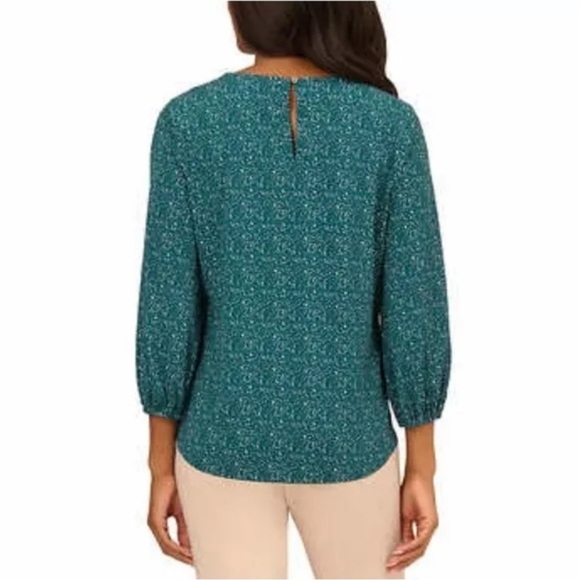 ADRIANNA PAPELL Printed 3/4 Sleeve Blouse Green W Black & White Spots - Picture 2 of 8